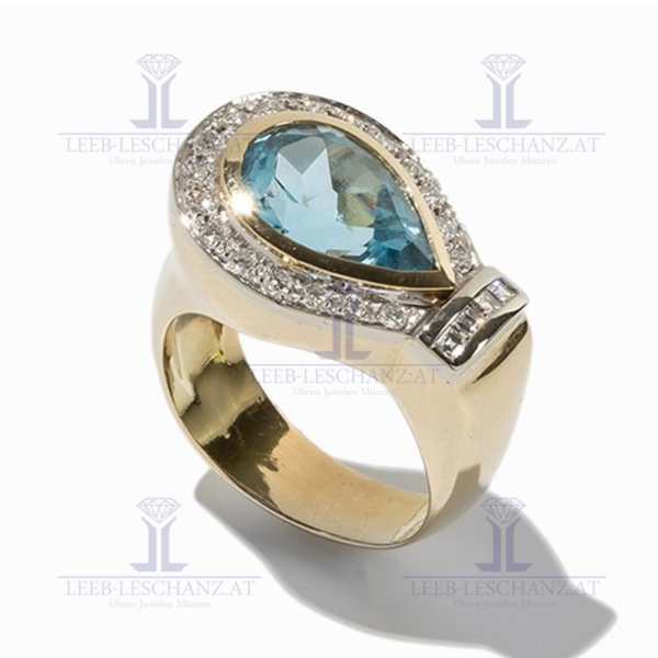 18K Gelbgoldring mit Topastropfen und Diamanten