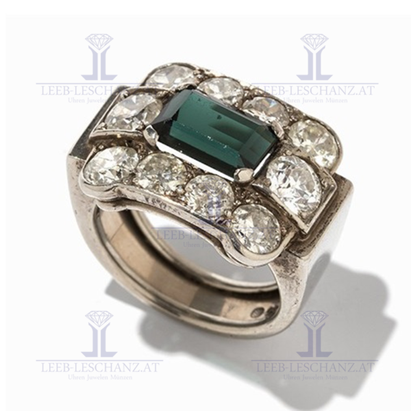 Art Déco Ring mit Diamanten & Zentralem Turmalin