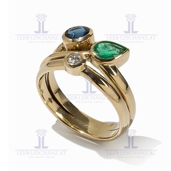 Ring mit 1 Saphir, 1 Smaragd und 1 Brillant